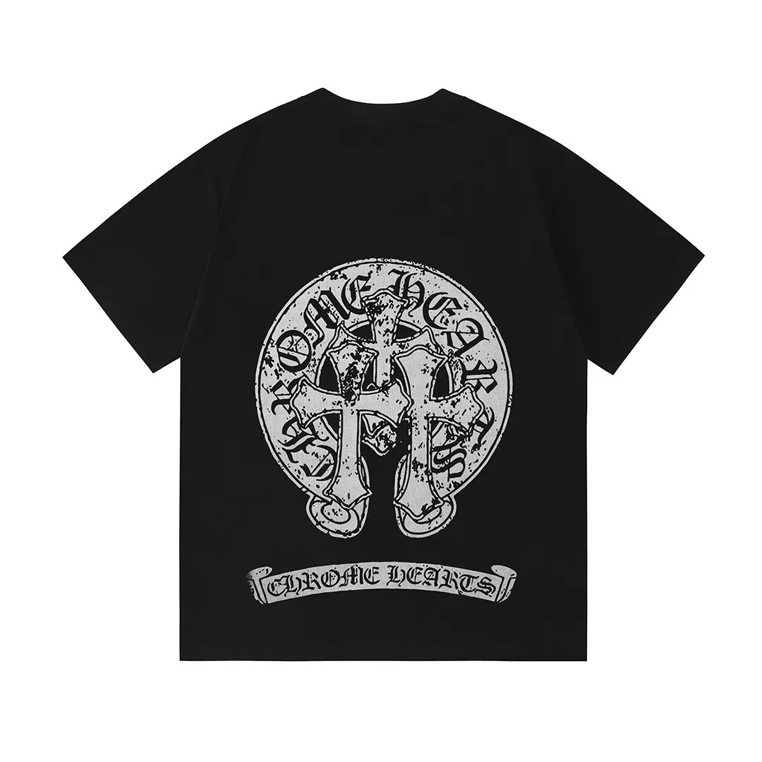 P150 Chrome Hearts 2026 official website new style cross letter logo on front and back, same style for men and women, short-sleeved T-shirt ·Customized 300g 100% double yarn pure cotton fabric ·Dyeing 32 count double-strand thread ·Collar label, hangtag, main mark and three labels complete Color: Black Size: XS S M L